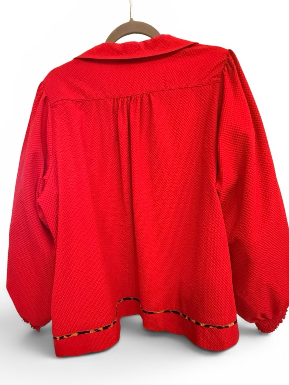 Umgee Bright Red V-Neck Textured Peasant Blouse with Leopard Trim - Picture 3 of 5